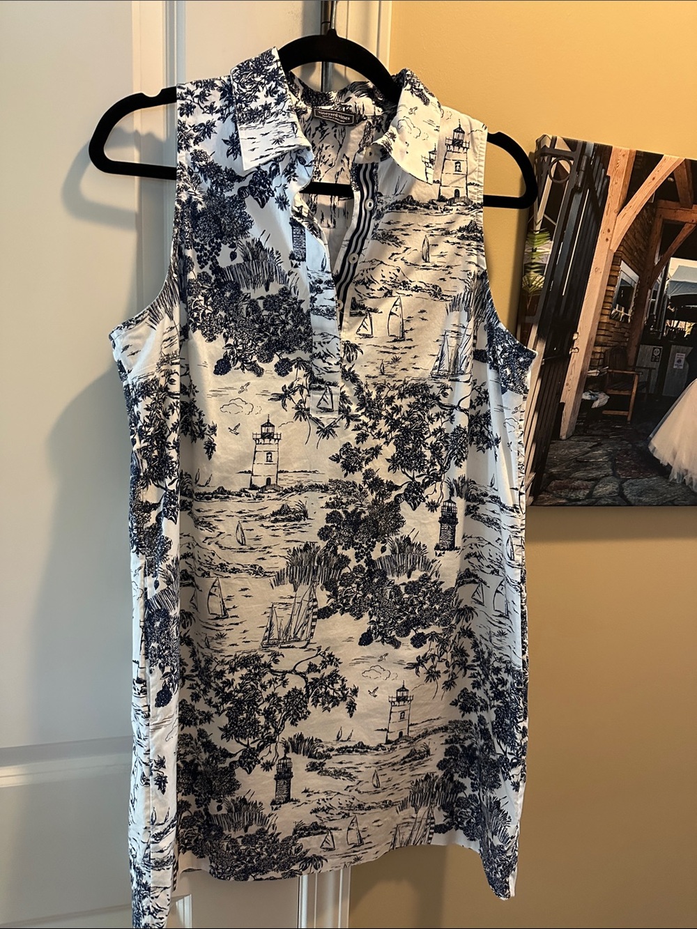Sleeveless Nautical Print Collared Tunic - White & Navy
